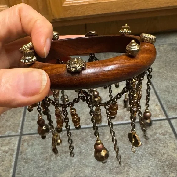 Wooden Bracelet with Gold Accents and Chains - Picture 4 of 13